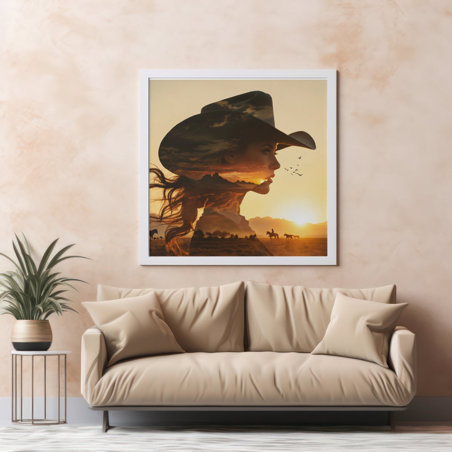 Western Sunset Silhouette | Cowboy Hat Canvas Wall Art