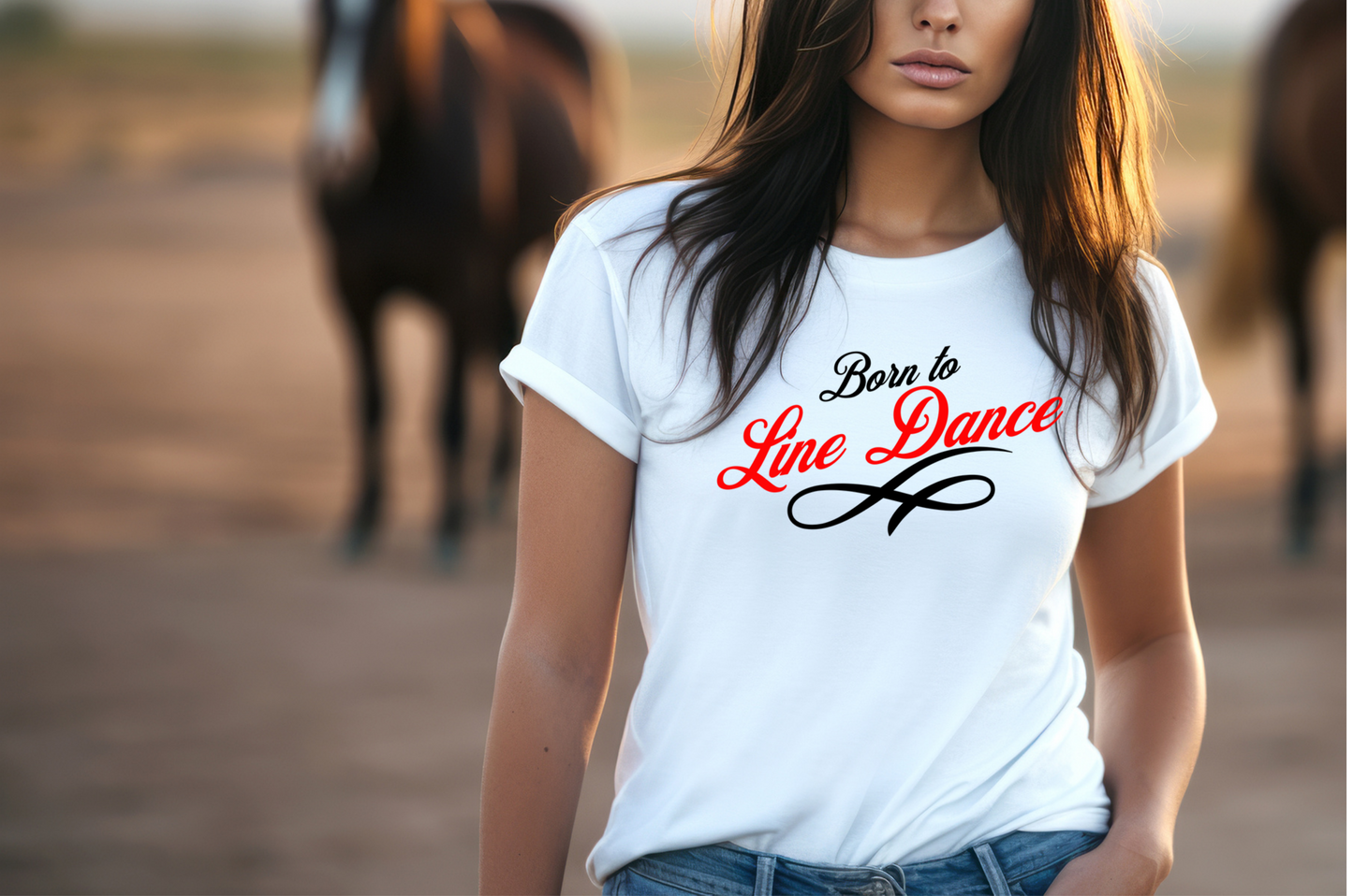 Text only - "Born to" in black and "Line Dance" in red with a black ornament under that.