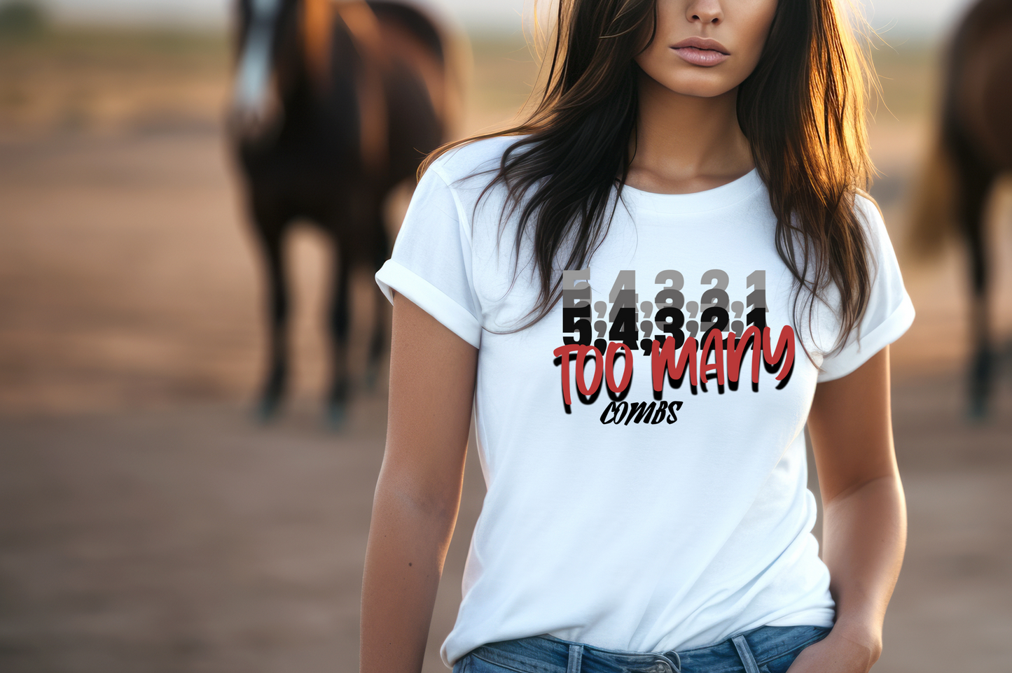 The design features a creative arrangement of numbers “5,” “4,” “3,” “2,” “1” in varying shades, overlapping each other to create a dynamic backdrop. In front of these numbers, the words “TOO MANY” are written in a bold red cursive script, with “COMBS” in solid black capital letters below.