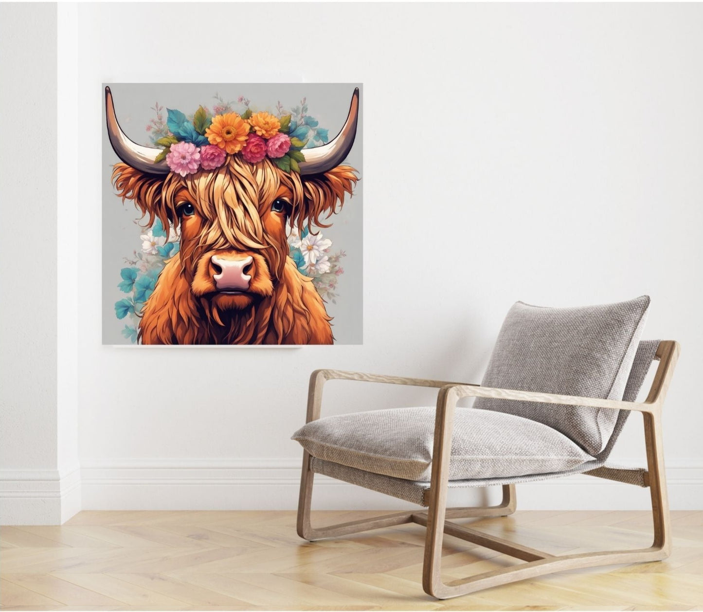 Boho Highland Cow with Floral Head Piece Matte Canvas
