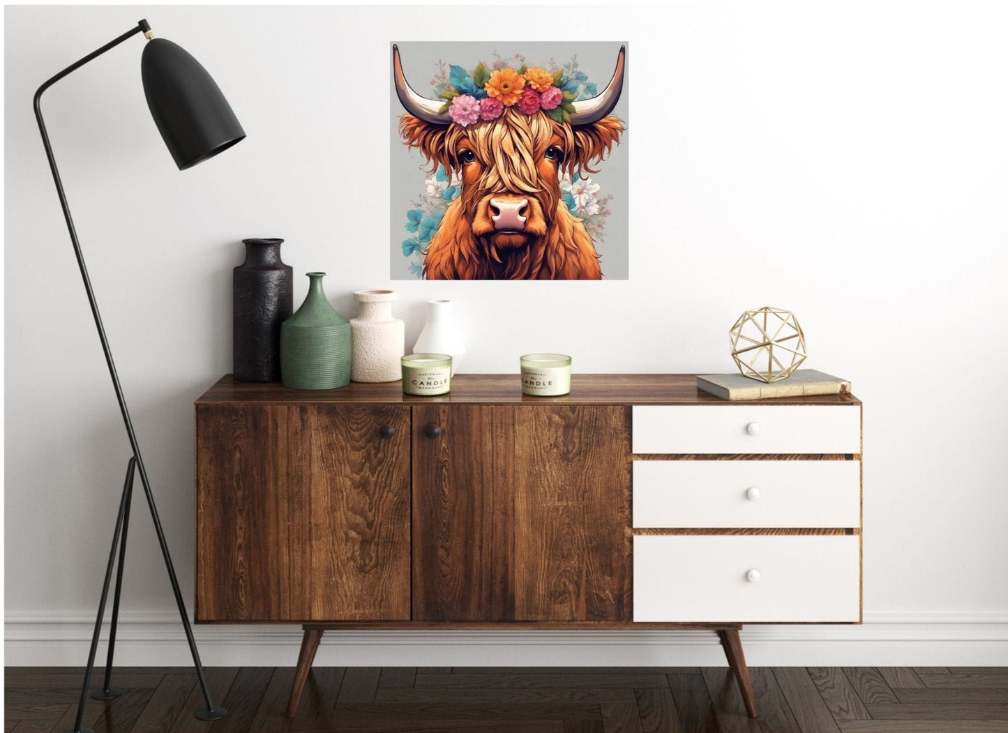 Boho Highland Cow with Floral Head Piece Matte Canvas