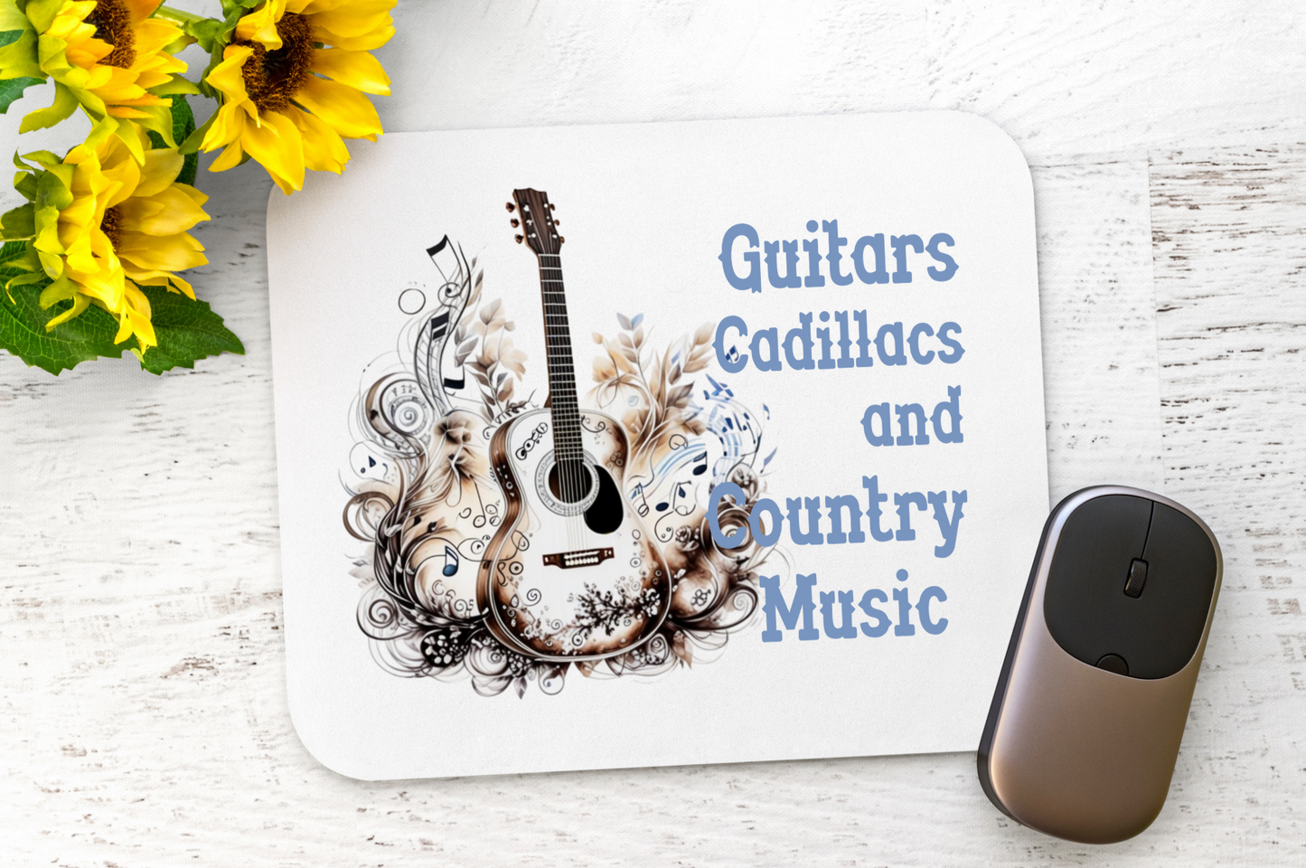 Featuring an intricately detailed acoustic guitar surrounded by swirling floral and musical elements, this design captures the beauty and energy of country music