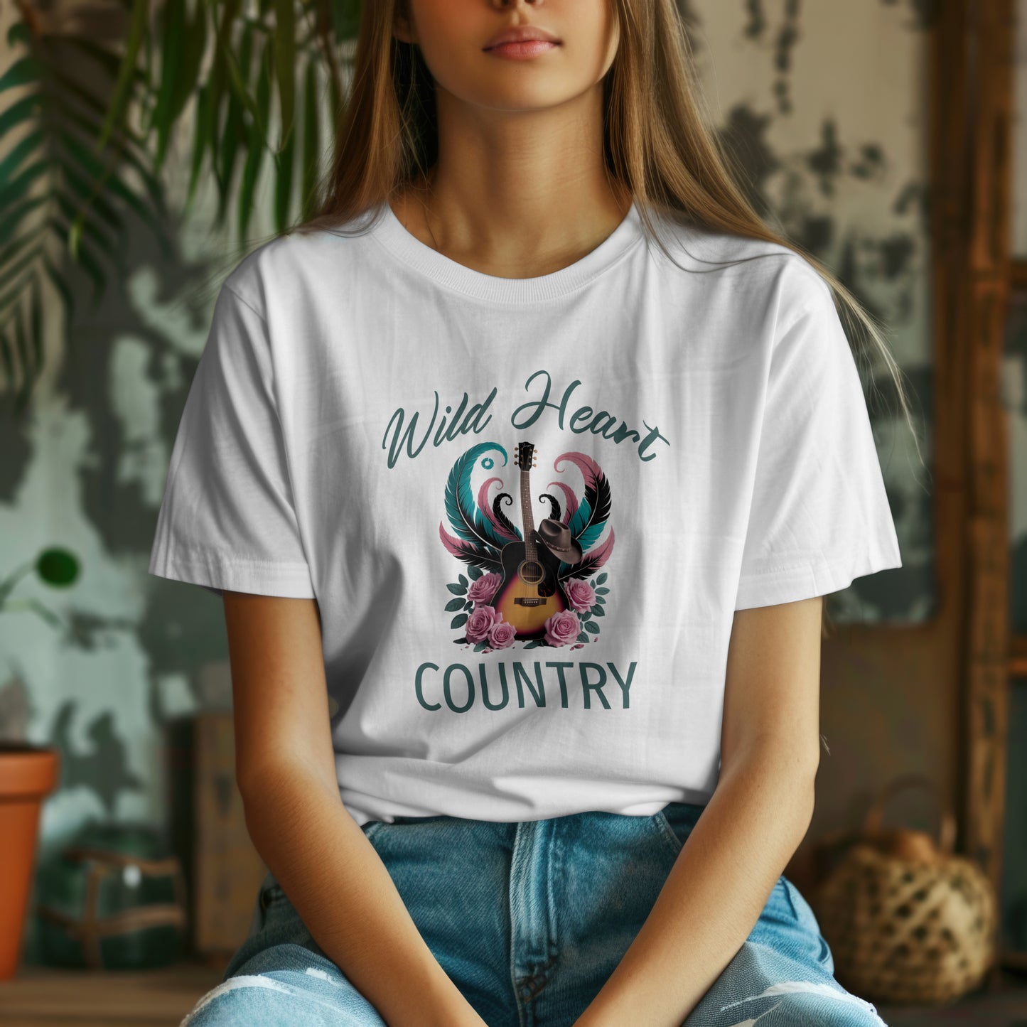 Wild Heart Country Guitar & Roses Graphic T-Shirt