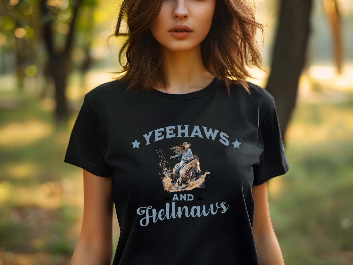 "Yeehaws and Hellnaws" Cowgirl Riding Graphic Tee ā Country Western Rodeo Shirt