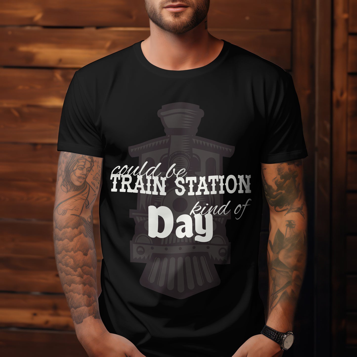 Featuring a vintage train engine accompanied by bold, playful typography that reads: 'could be TRAIN STATION kind of Day.'