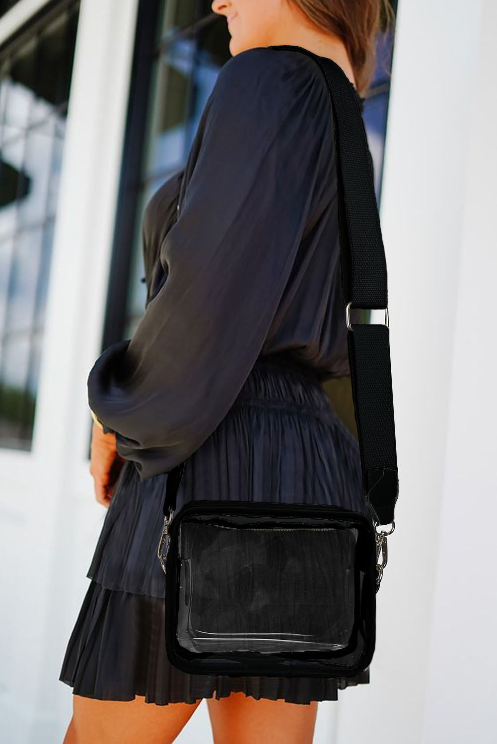 Black Clear PVC Crossbody Bag with Wide Strap – Stadium Approved & Stylish