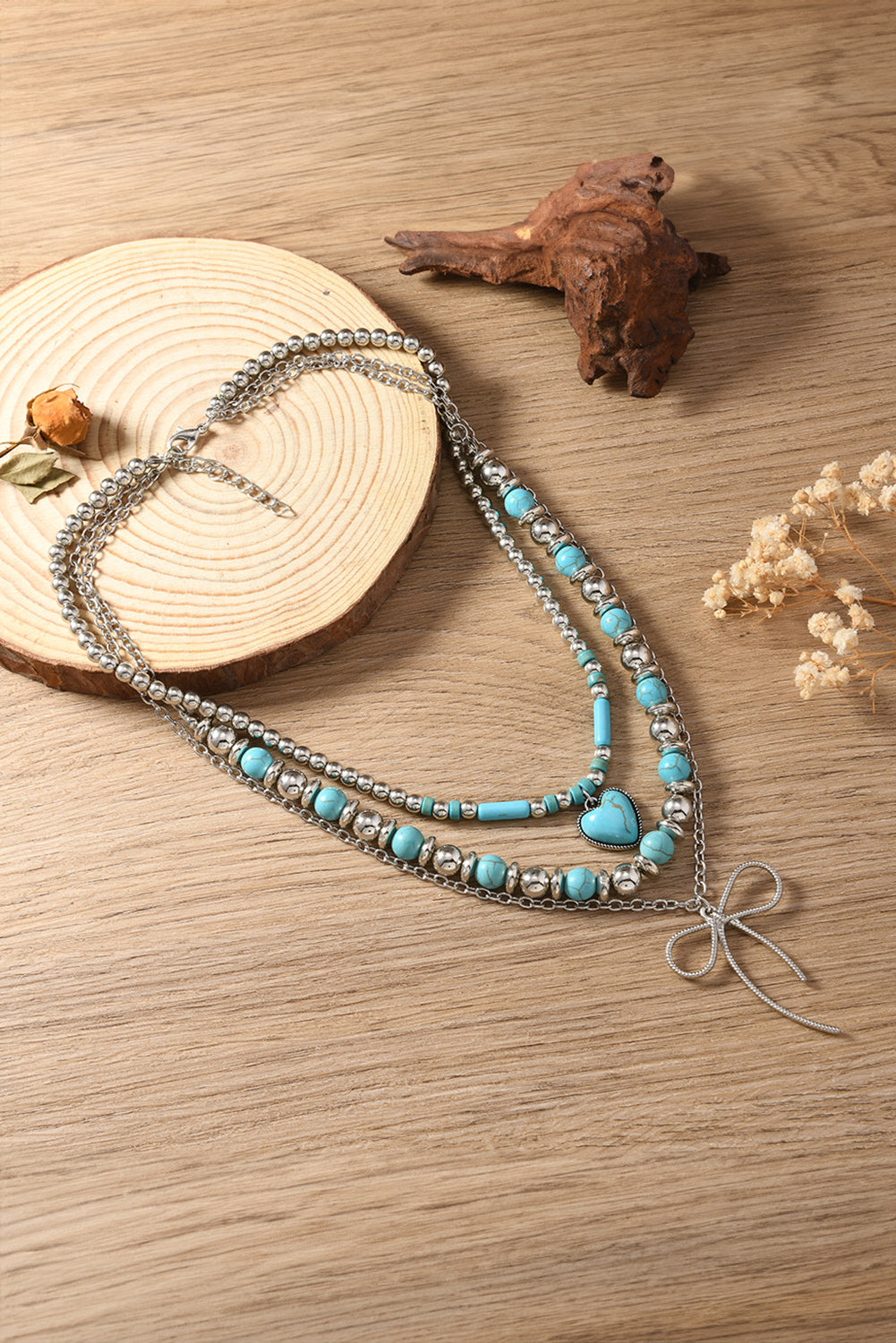 Turquoise Heart & Bow Layered Necklace – Chic Western Elegance in Every Strand