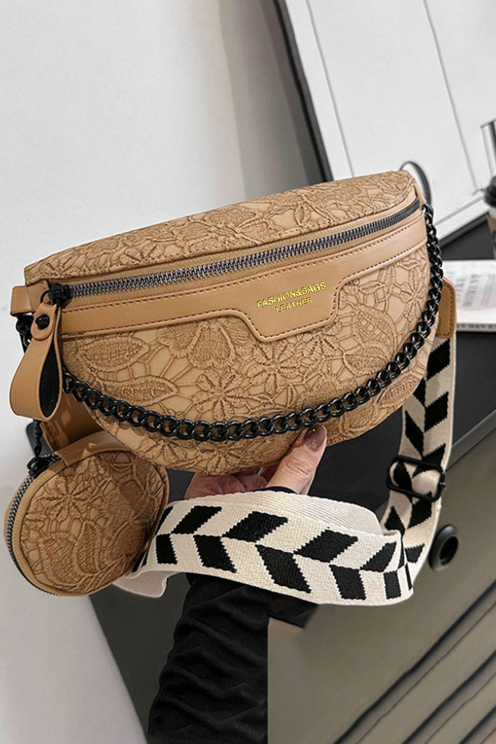 Boho Chic Embroidered Crossbody Bum Bag with Coin Pouch – Camel Tan