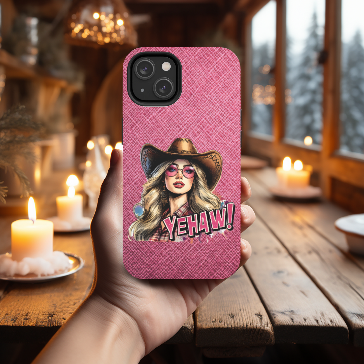 features a detailed illustration of a person wearing a classic cowboy hat with intricate stitching, and long, flowing hair. The background is a textured pink pattern that adds a pop of color and contrast to the overall look. The bold text "YEHAW!" in large, playful letters at the bottom of the image
