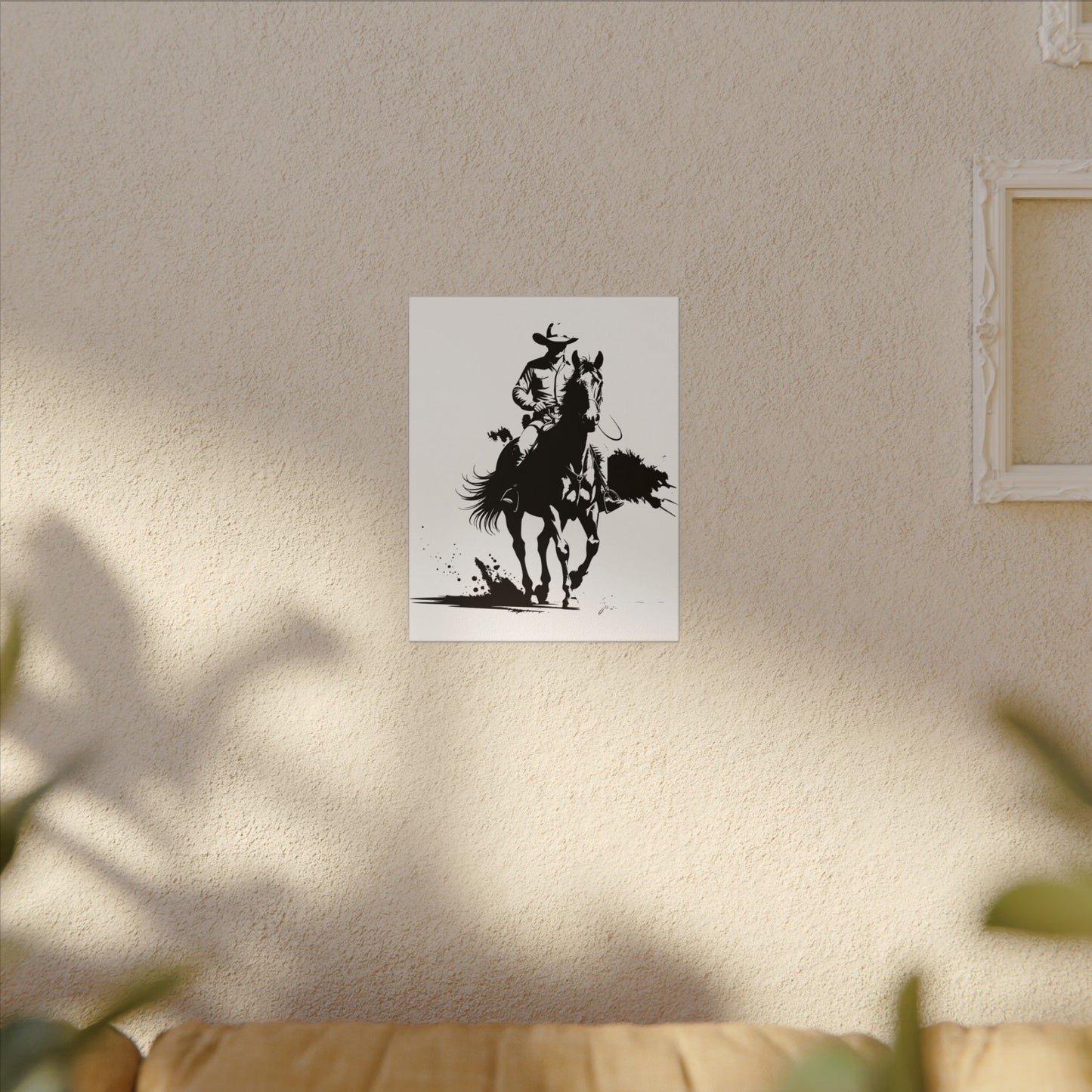 Bold Cowboy on Horseback – Black and White Western Ink Style Canvas
