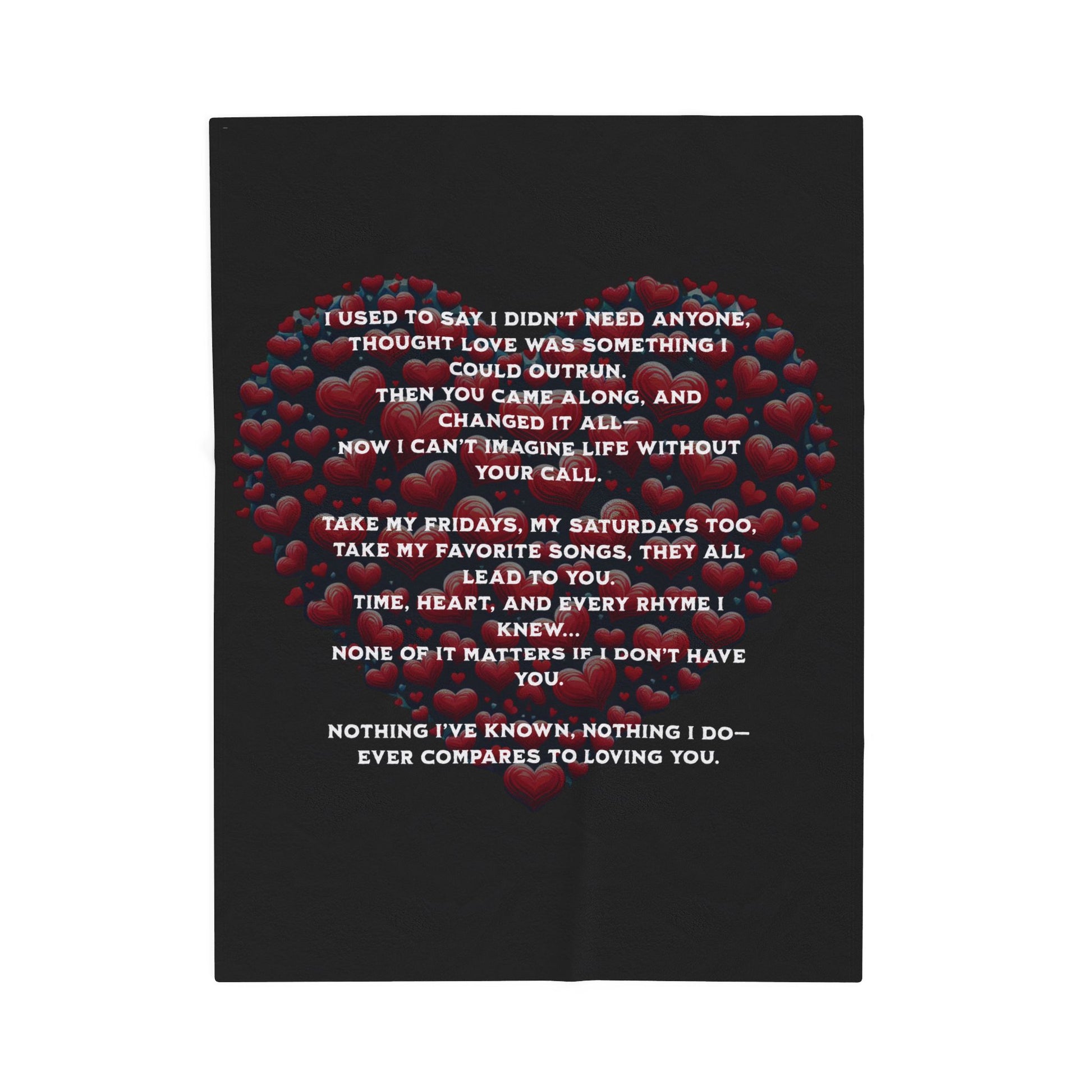 Featuring red love hearts in the shape of a love heart on the black background. White text pops from the image