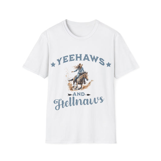 "Yeehaws and Hellnaws" Cowgirl Riding Graphic Tee – Country Western Rodeo Shirt