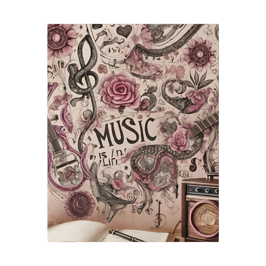 Pink Floral Music Canvas, Musical Notes, Musical Inspired, Custom Gift, Roses, Soft Pascal