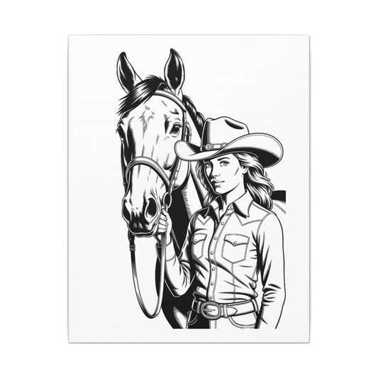Western Cowgirl and Horse Canvas Print – Rustic Black & White Wall Art for Country Lovers