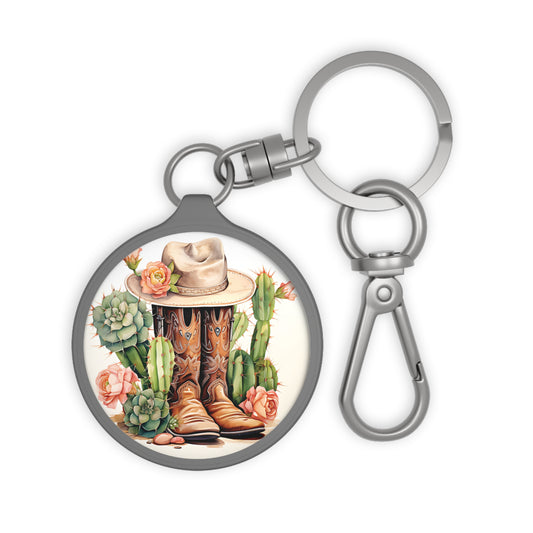 Cowboy Hat, Cowboy Boots and Cactus Keyring tag, Key Ring, Pink Roses, Country Design, Gift, Unique Gift