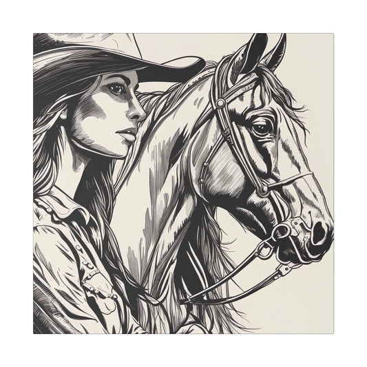 Lady and a Horse Black and White sketch drawing, Decor, Home Decor, Country, AI Art, Western Art