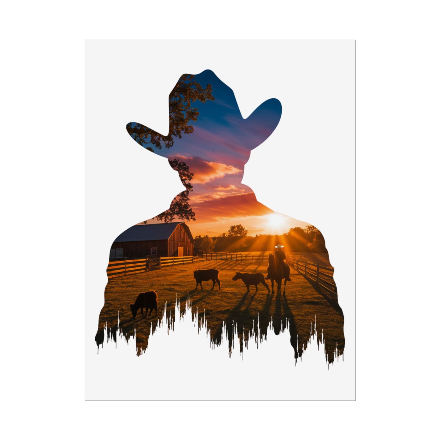 Sunset Cowboy Silhouette – Double Exposure Western Wall Art Print