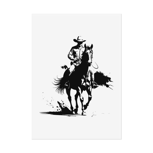 Features a powerful ink-style silhouette of a cowboy riding strong on horseback, captured in crisp black and white detail.