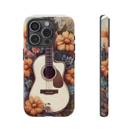 White Acoustic Guitar surrounded by Flowers Phone Case