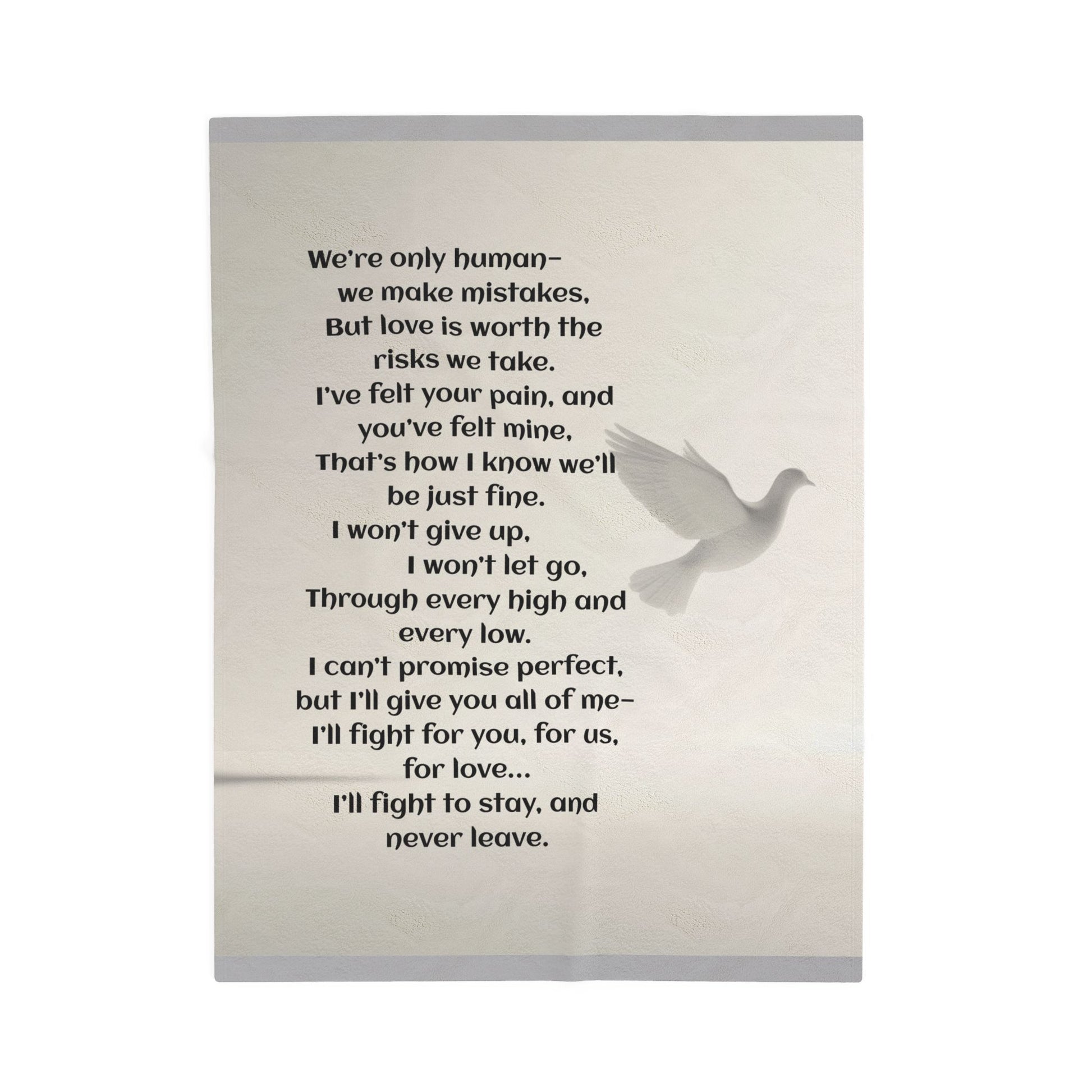Image of a dove in flight with black text