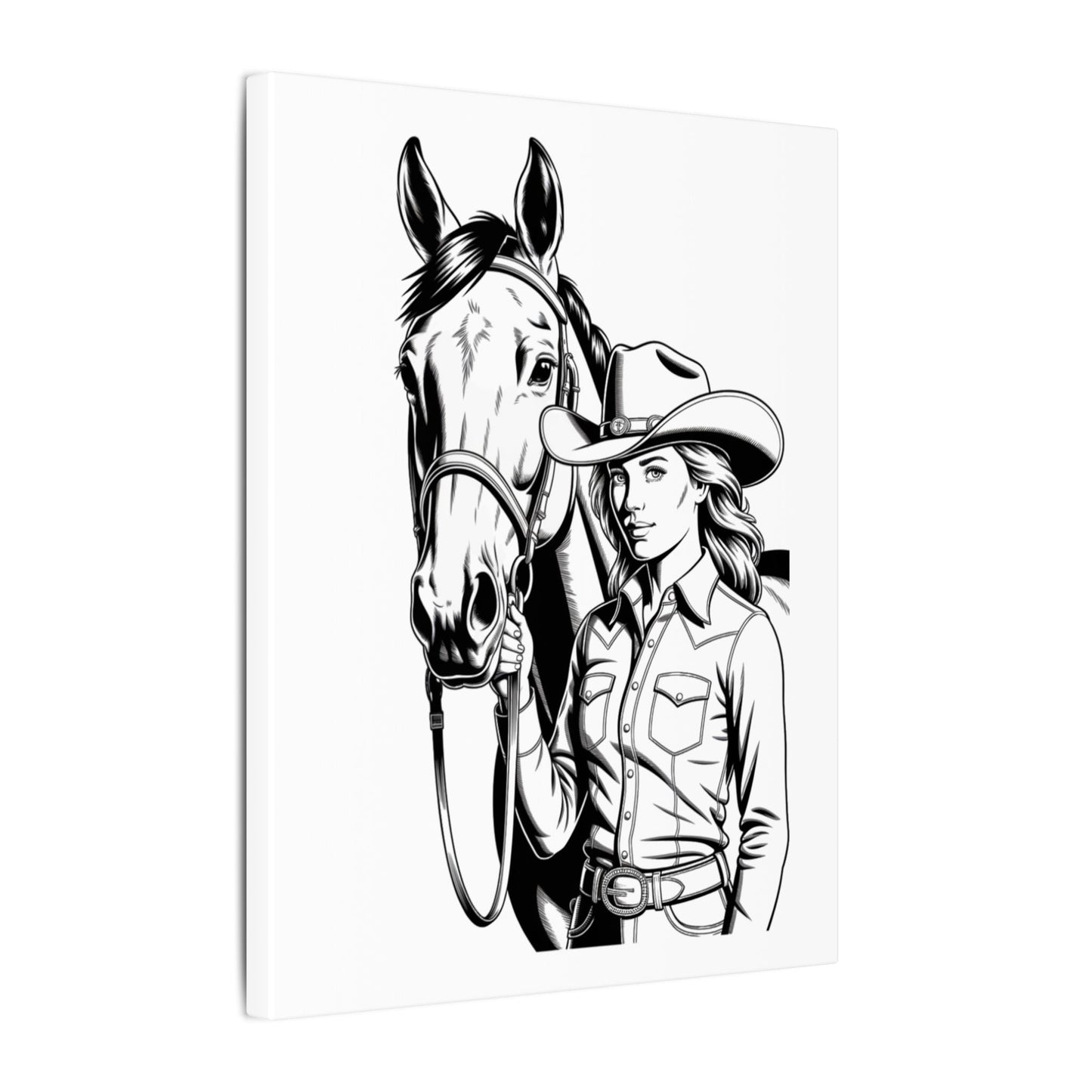 Western Cowgirl and Horse Canvas Print – Rustic Black & White Wall Art for Country Lovers
