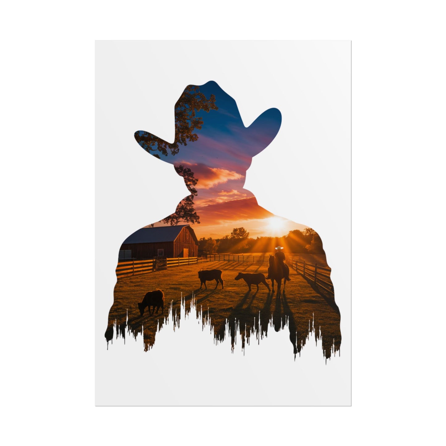Sunset Cowboy Silhouette – Double Exposure Western Wall Art Print
