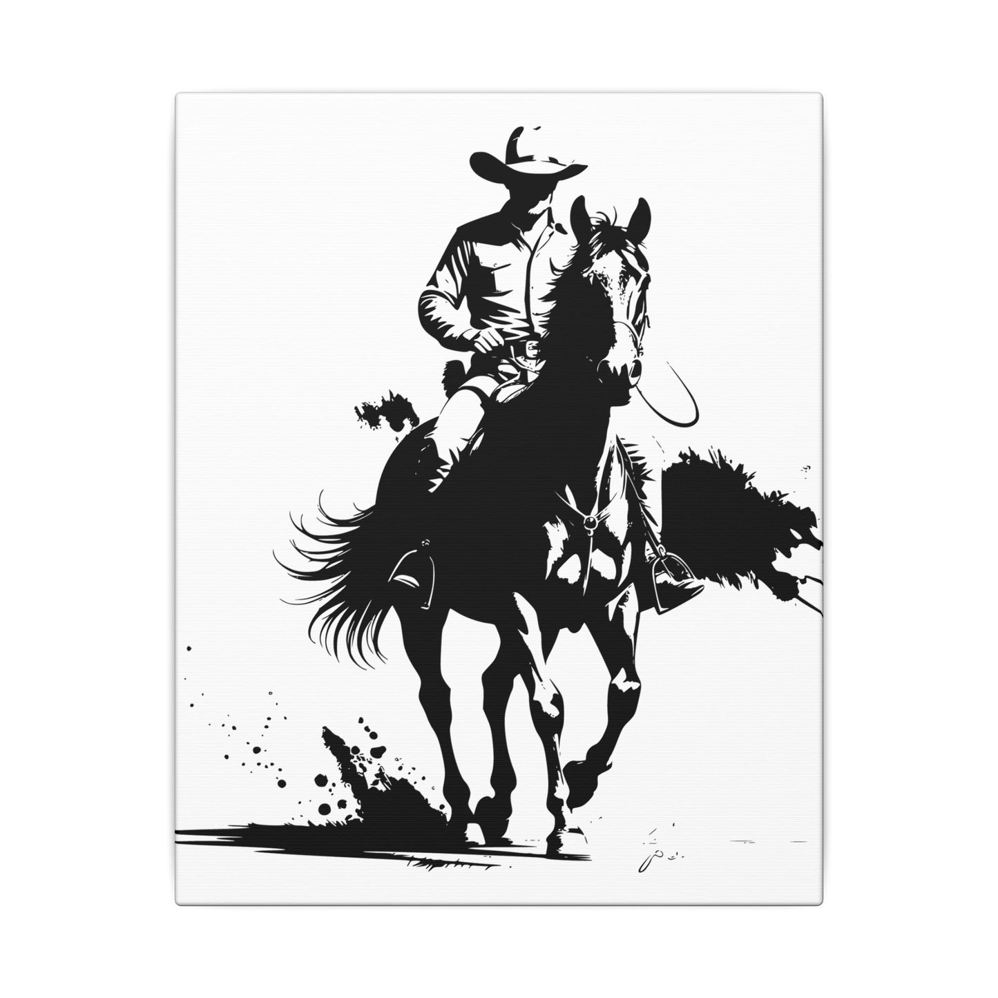 Bold Cowboy on Horseback – Black and White Western Ink Style Canvas