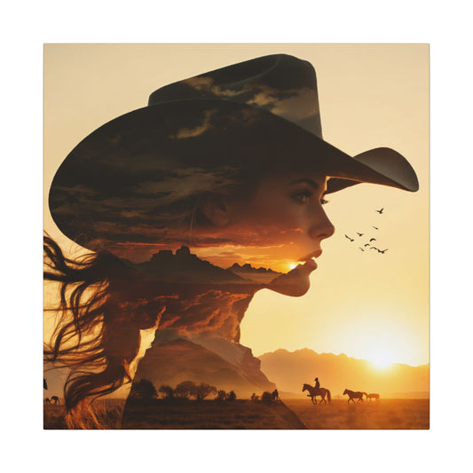 Western Sunset Silhouette | Cowboy Hat Canvas Wall Art