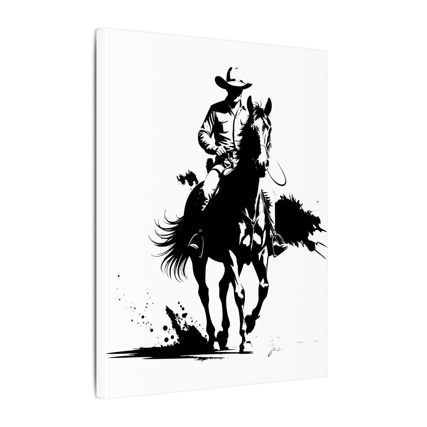 Bold Cowboy on Horseback – Black and White Western Ink Style Canvas