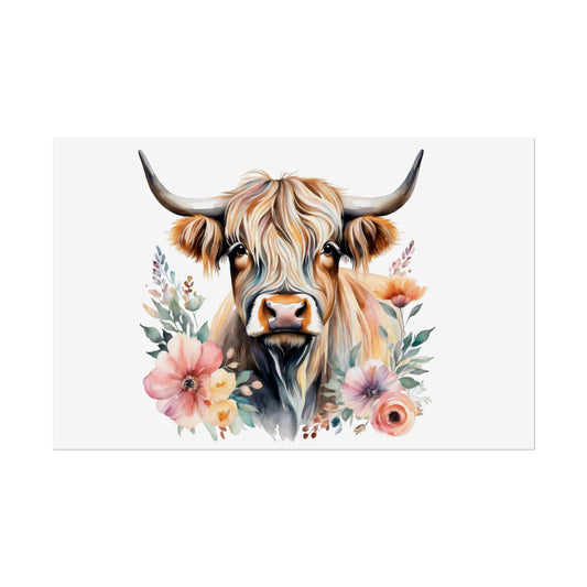 Highland Cow with Floral Wall Print, Rolled Poster, Watercolour poster