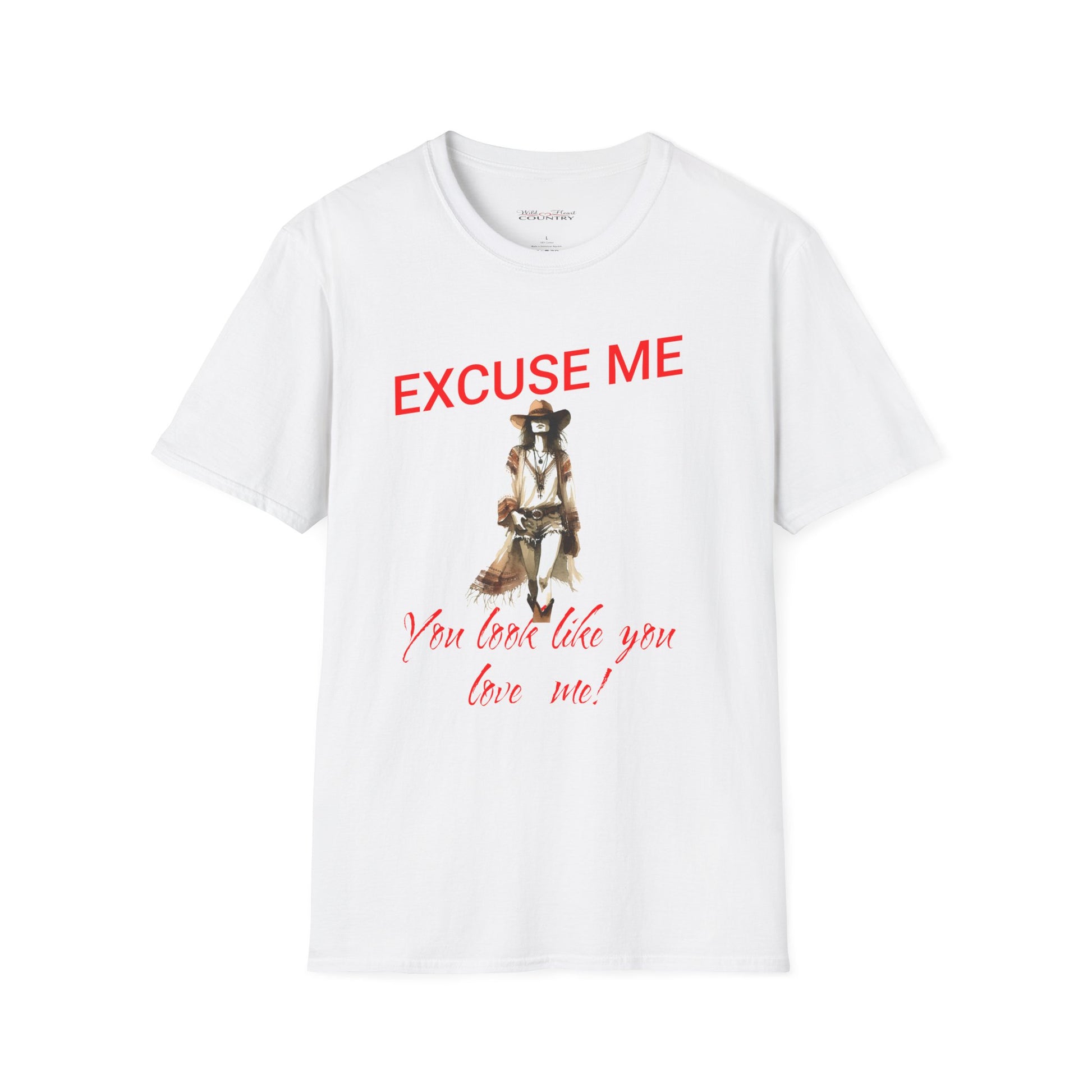 Image of a sassy women with the text "Excuse me" in bold red above and script "you looklike you love me!" below