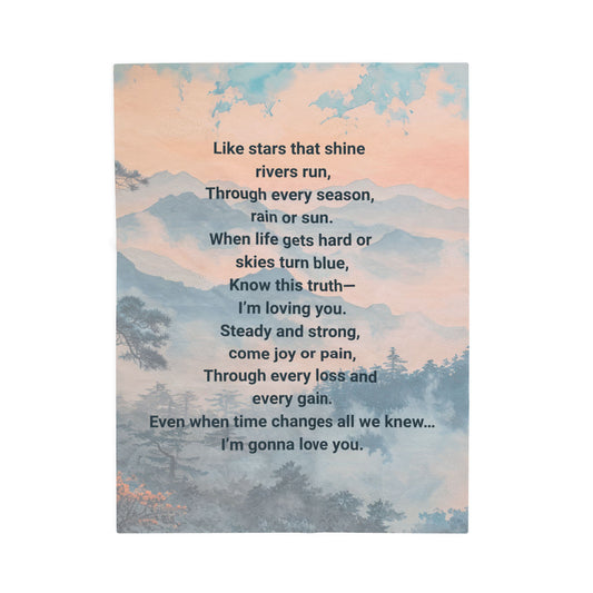 A soft pastel sunset over misty pines sets a tranquil tone with a deep blue text