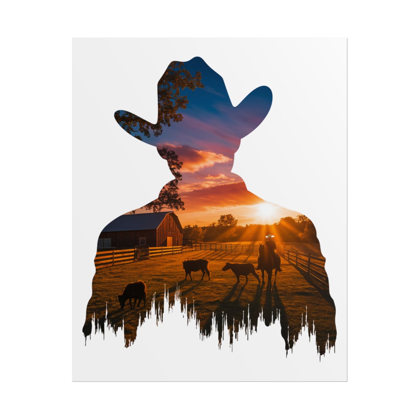 Sunset Cowboy Silhouette – Double Exposure Western Wall Art Print