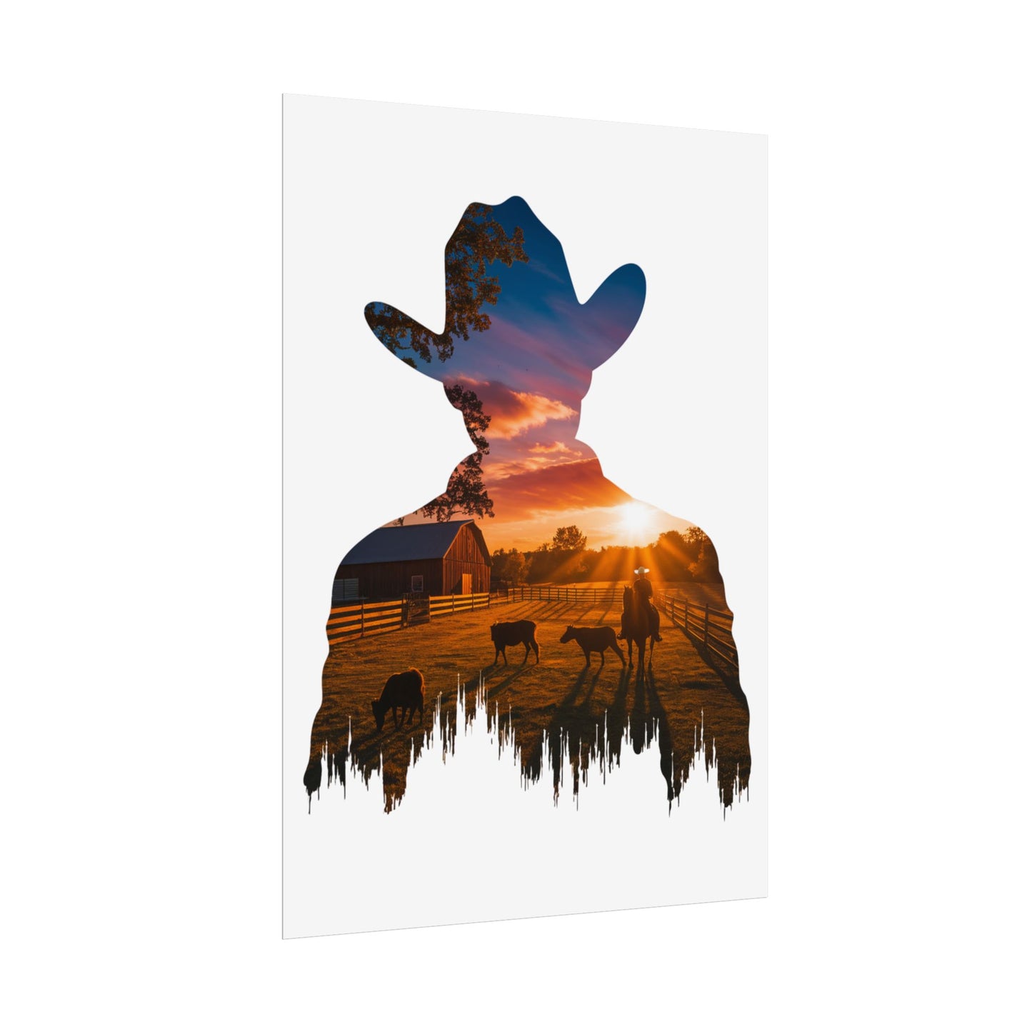 Sunset Cowboy Silhouette – Double Exposure Western Wall Art Print