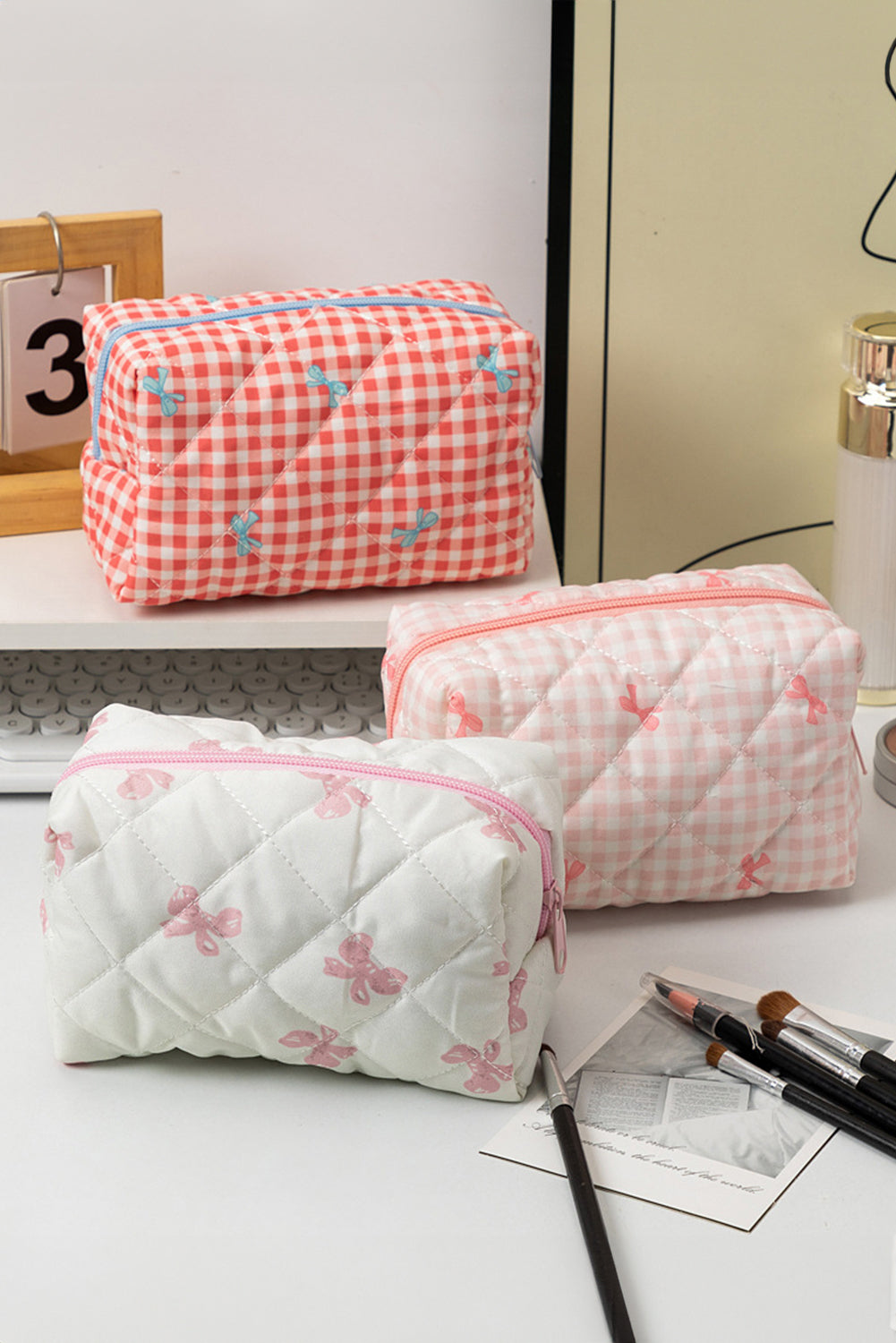 Sweet Bow Quilted Cosmetic Bag – Soft Pink Edition
