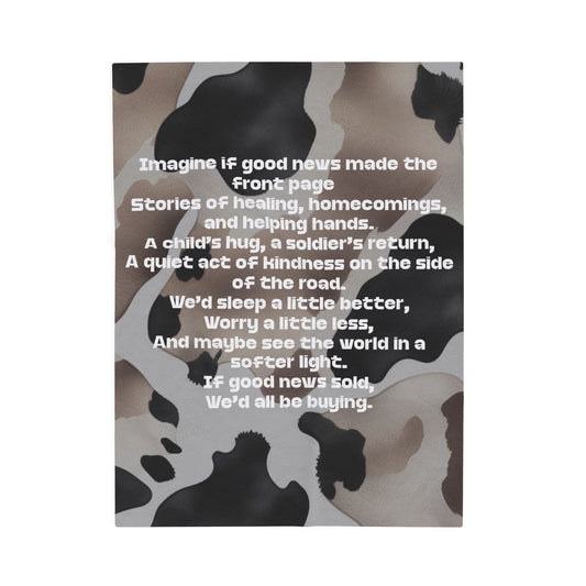 Western-Inspired Design – Eye-catching black, tan, and cream cow print with white text