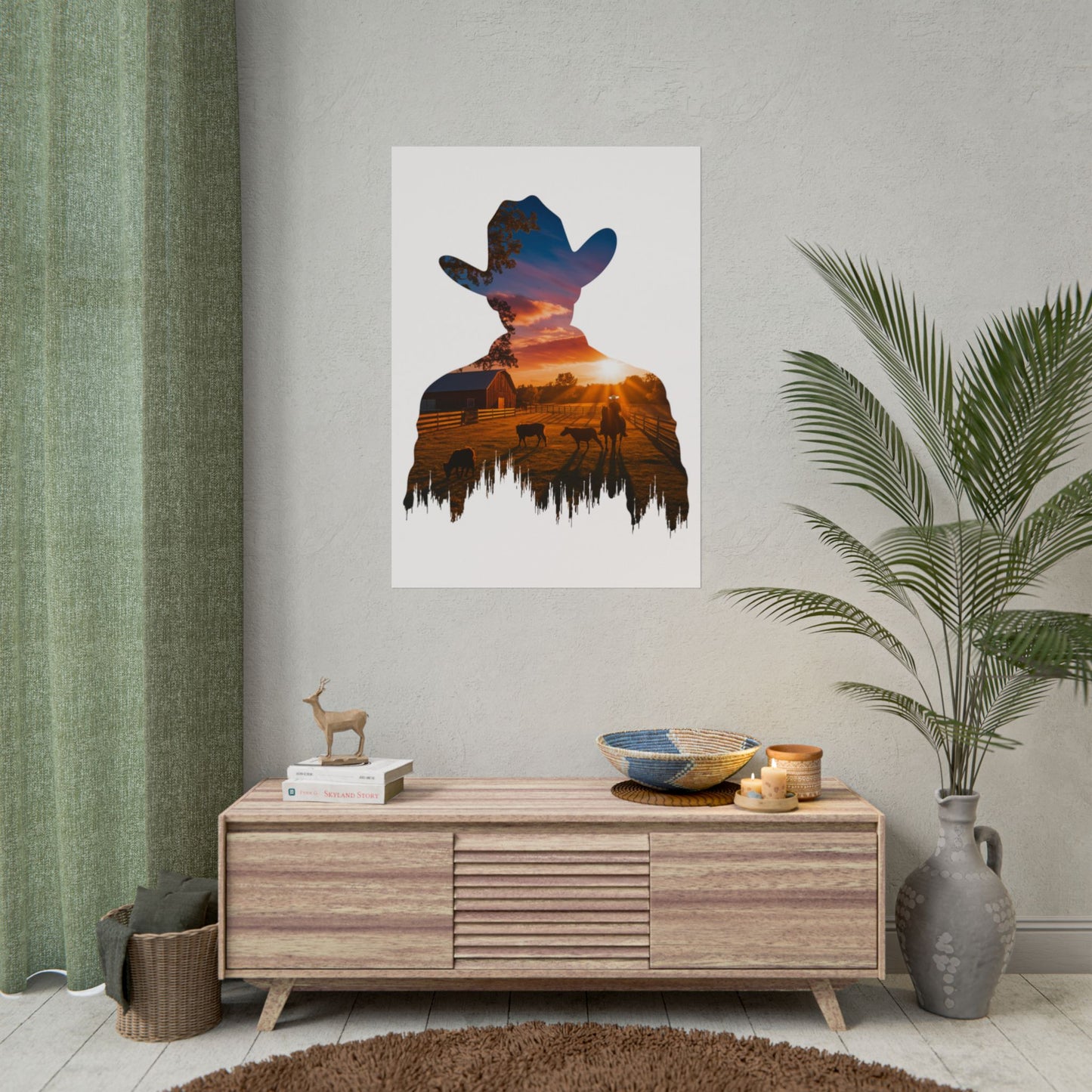 Sunset Cowboy Silhouette – Double Exposure Western Wall Art Print