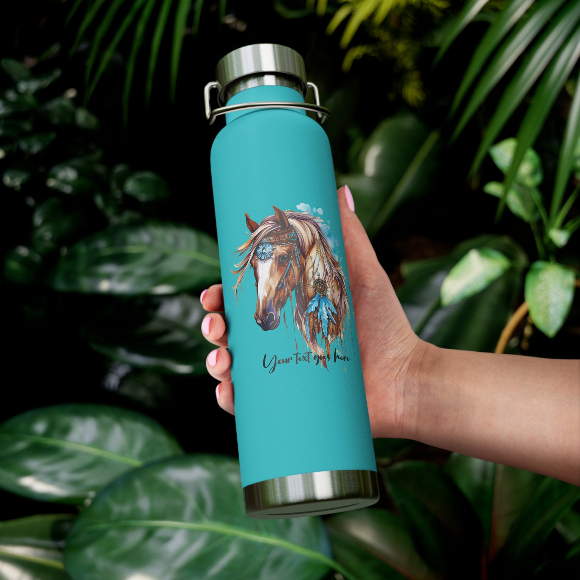 Featuring a beautifully detailed watercolor horse adorned with turquoise beads, feathers, and intricate tribal-inspired accents, this design bursts with vibrant personality and rustic elegance.
