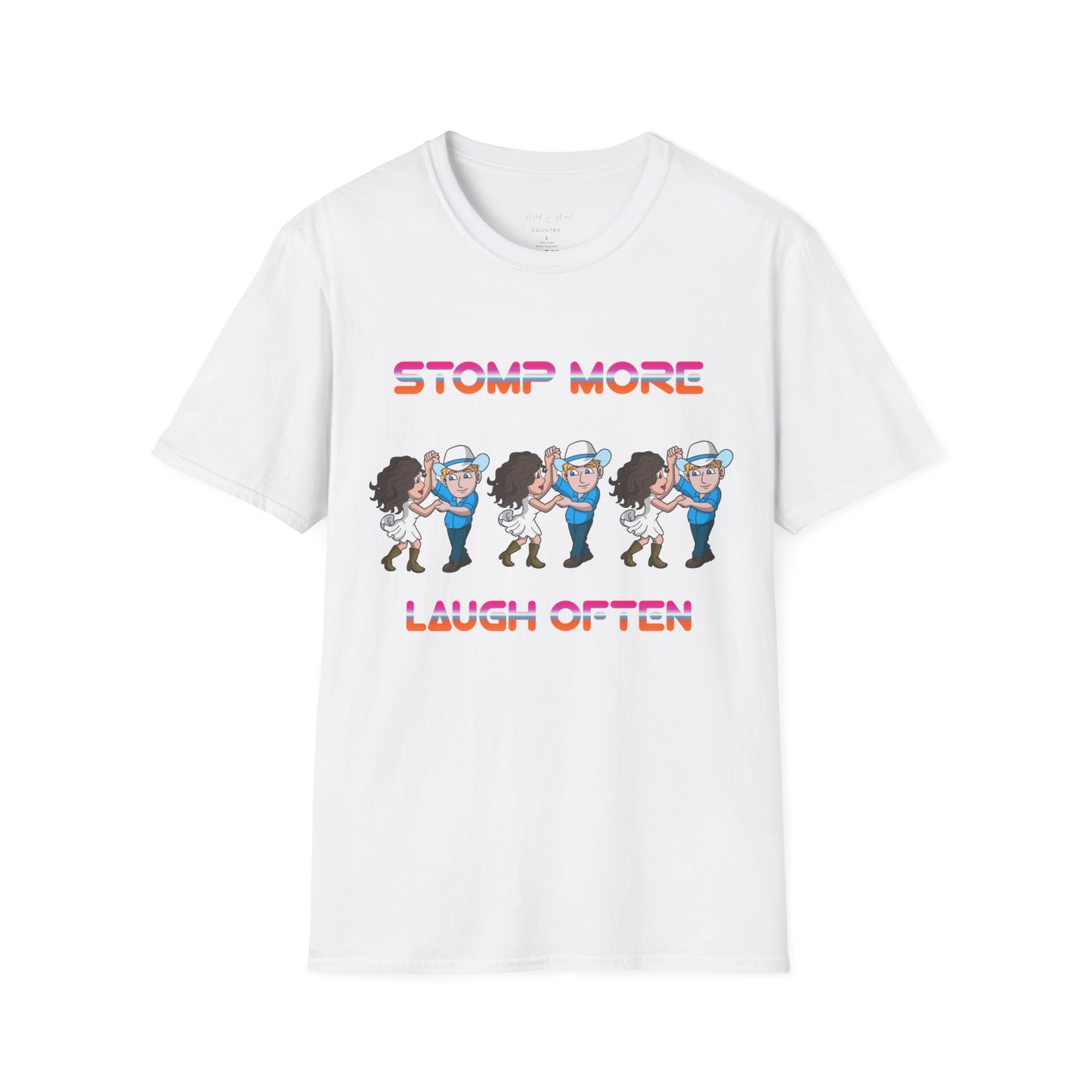 White t-shirt with graphic design and text on a white background