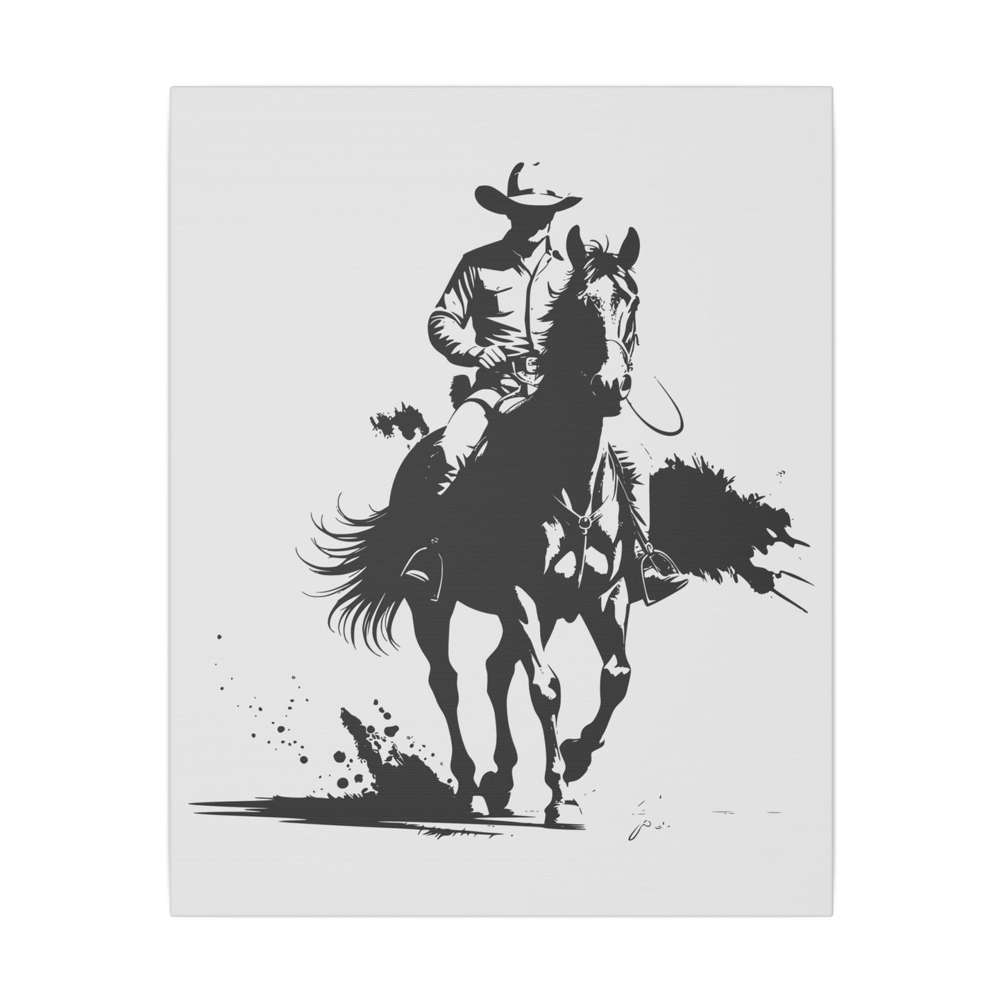 Bold Cowboy on Horseback – Black and White Western Ink Style Canvas