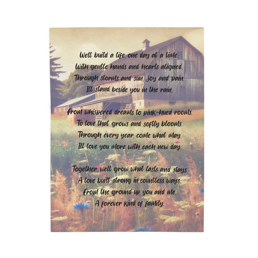 Featuring a charming Farmhouse Scene set against a beautifully illustrated barn and wildflower field with black text
