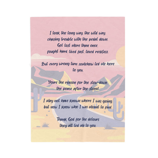Featuring illustration of a mountains and a back road with dark blue text