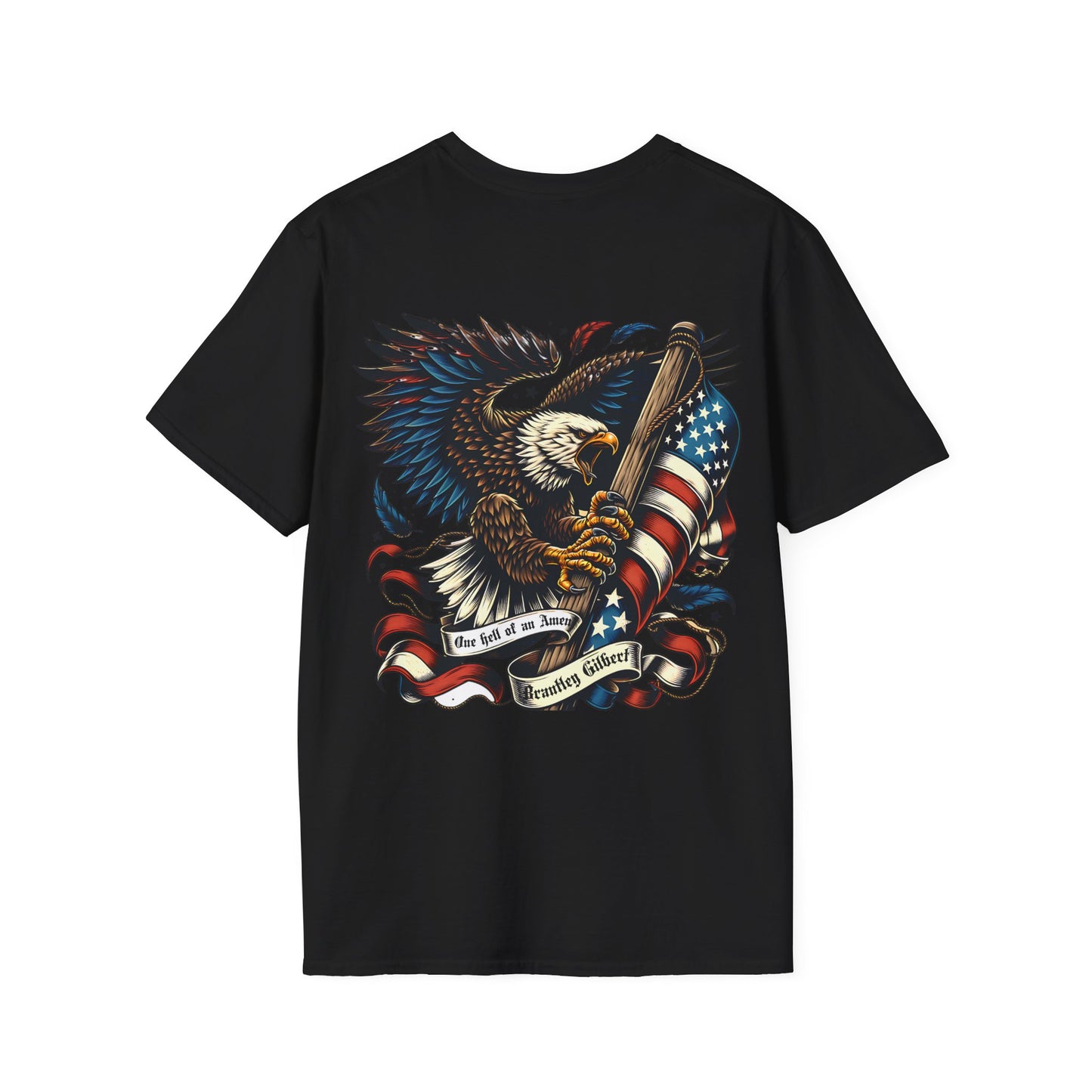 Black t-shirt with an eagle and American flag design on a white background