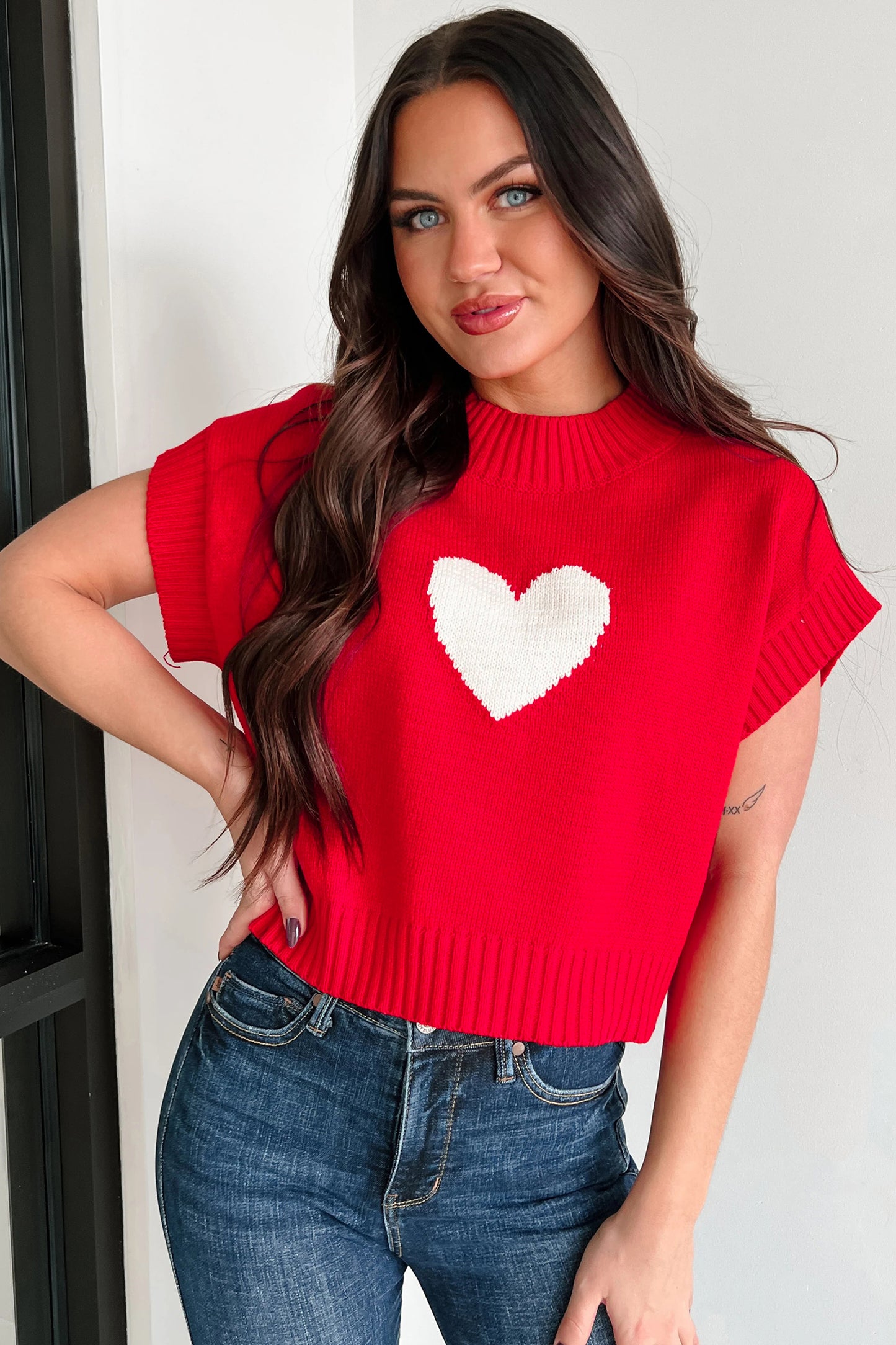 Sweetheart Stitch Red Knit short sleeved sweater