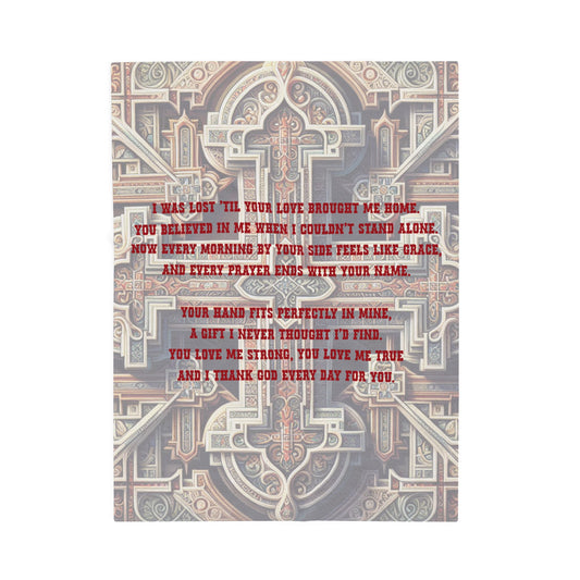 Southwestern abstract design with a cross shape in the middle and brown text overlay