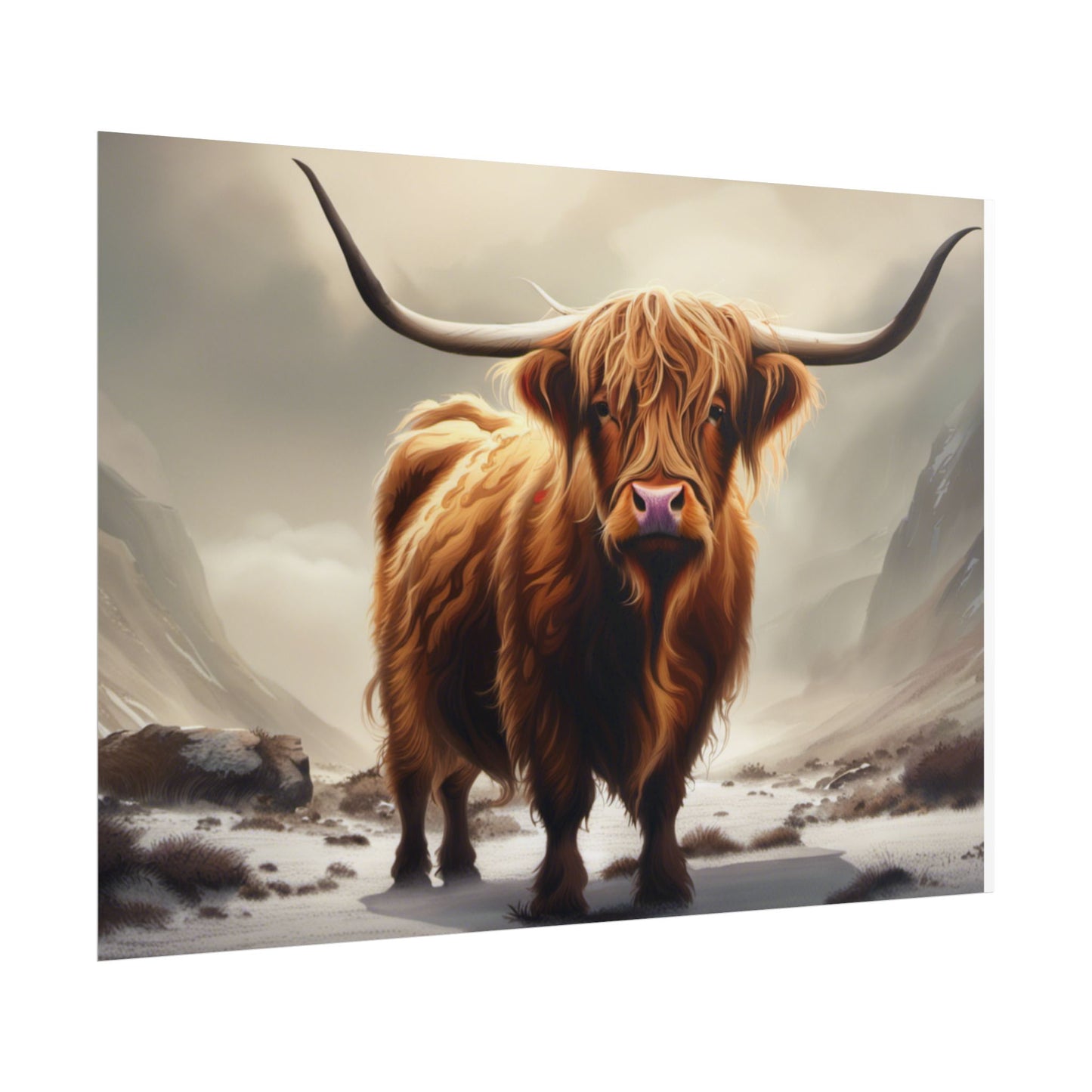 Majestic Highland Cow Wall Print, Rolled Poster, Mountain Scenery, AI Wall Art