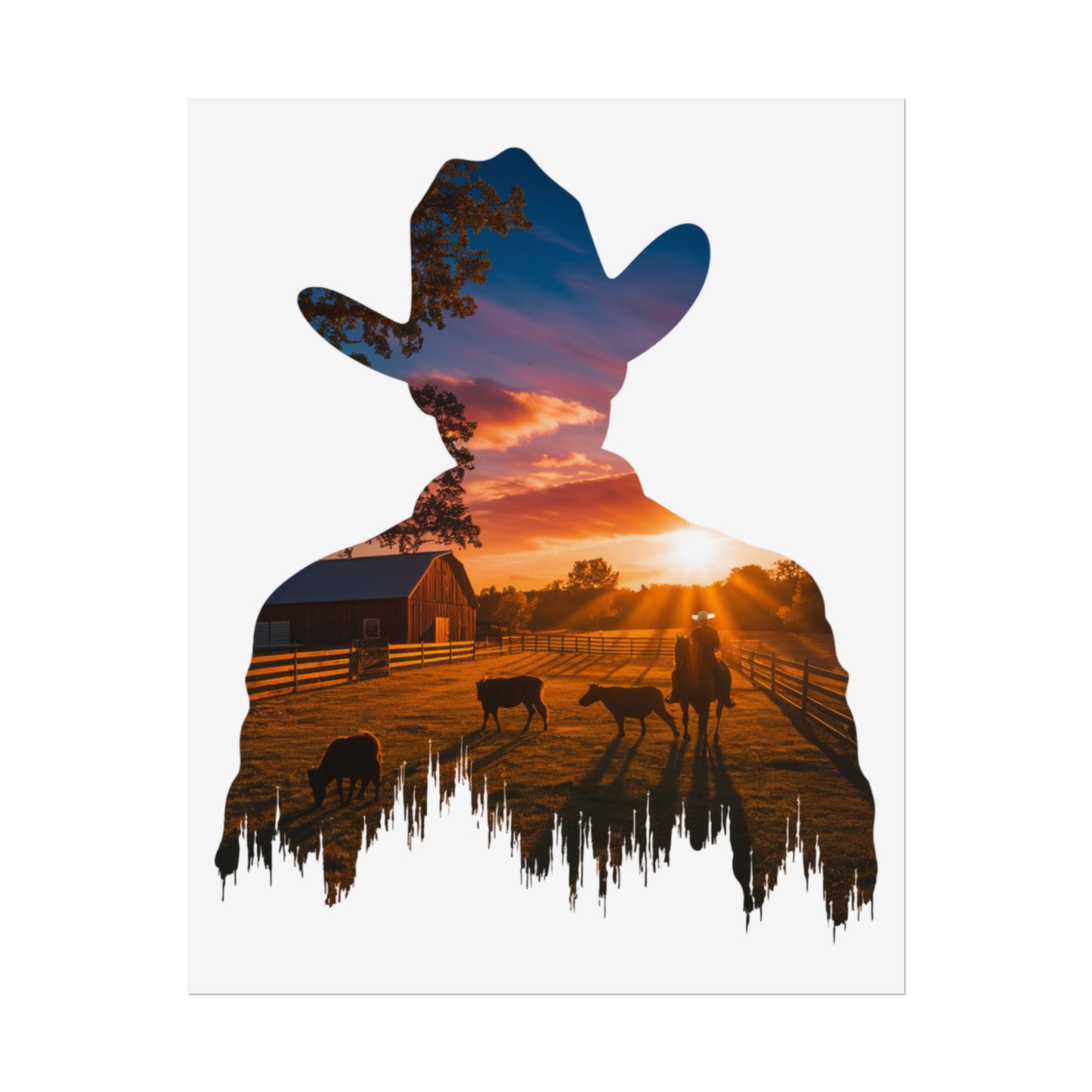 Sunset Cowboy Silhouette – Double Exposure Western Wall Art Print