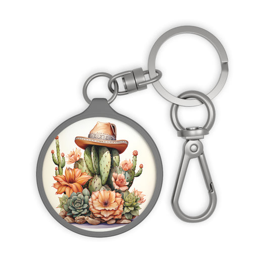Cowboy Hat and Cactus Keyring tag, Key Ring, Pink Roses, Country Design, Gift, Unique Gift