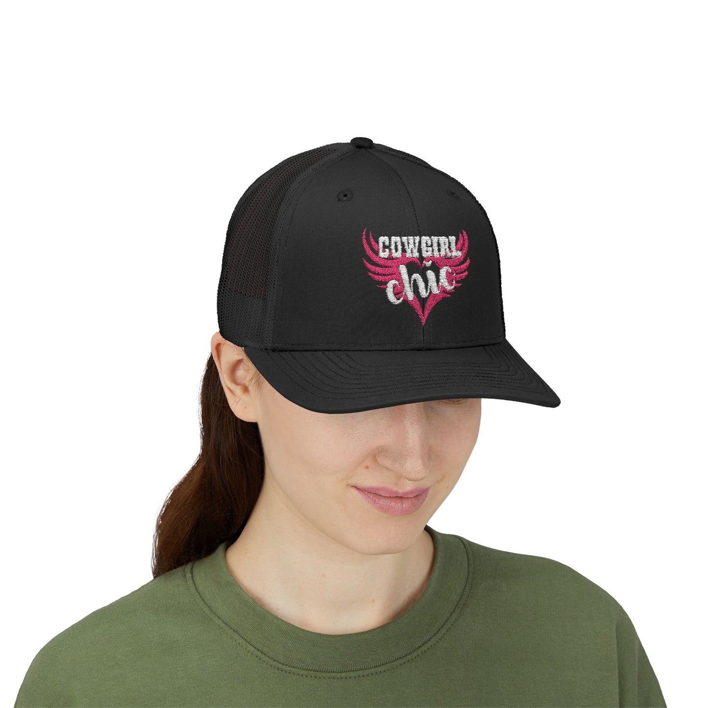 Featuring the words "COWGIRL chic" in a striking combination of bold block letters and elegant script, this design pops against a vibrant pink heart with wings