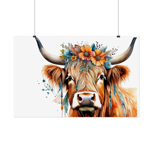 Highland Cow with Floral Crown Wall Print, Rolled Poster, Watercolour poster